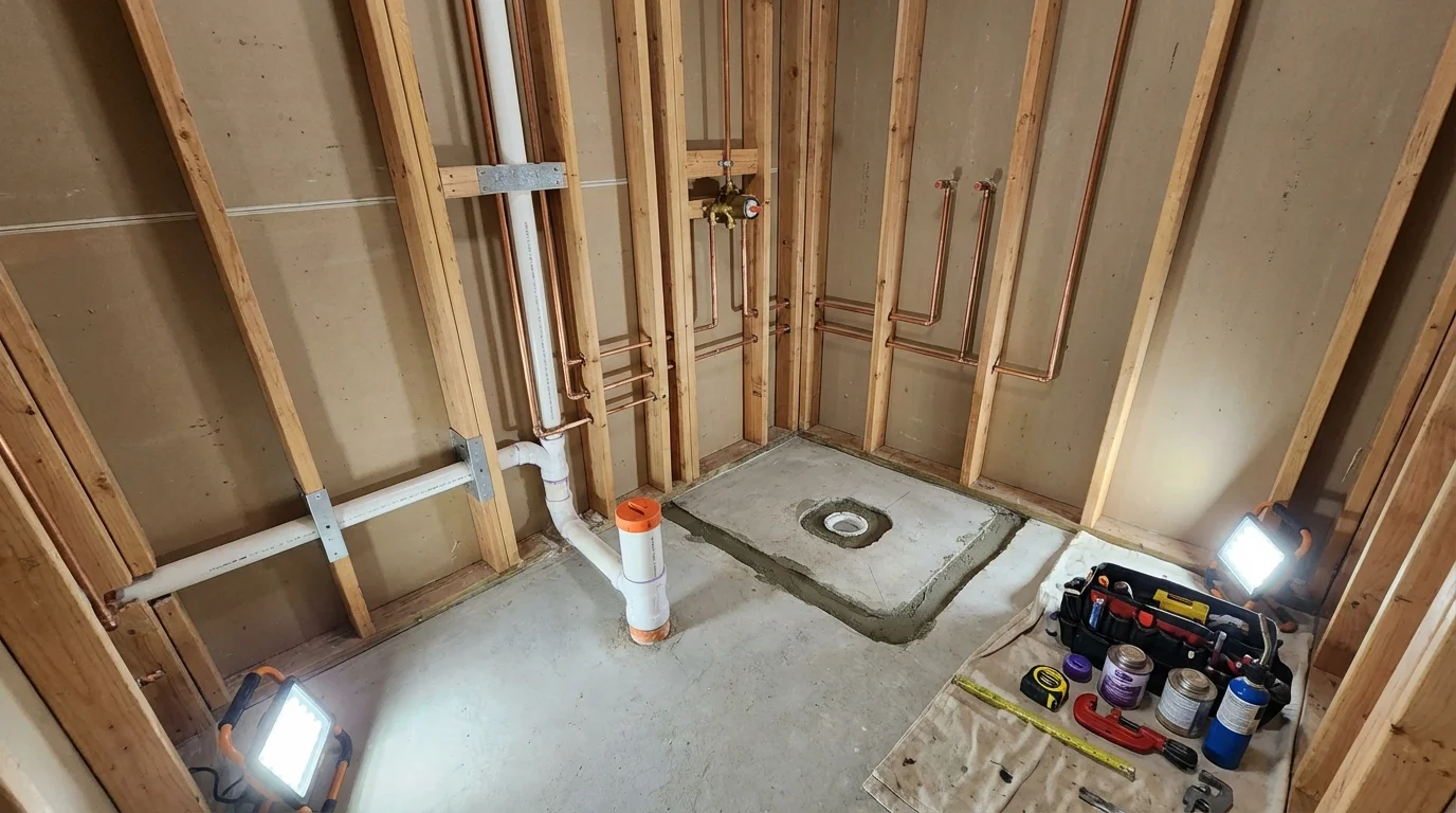 Bathroom rough-in plumbing during remodel by Johns Plumbing LLC in Saint Johnsbury