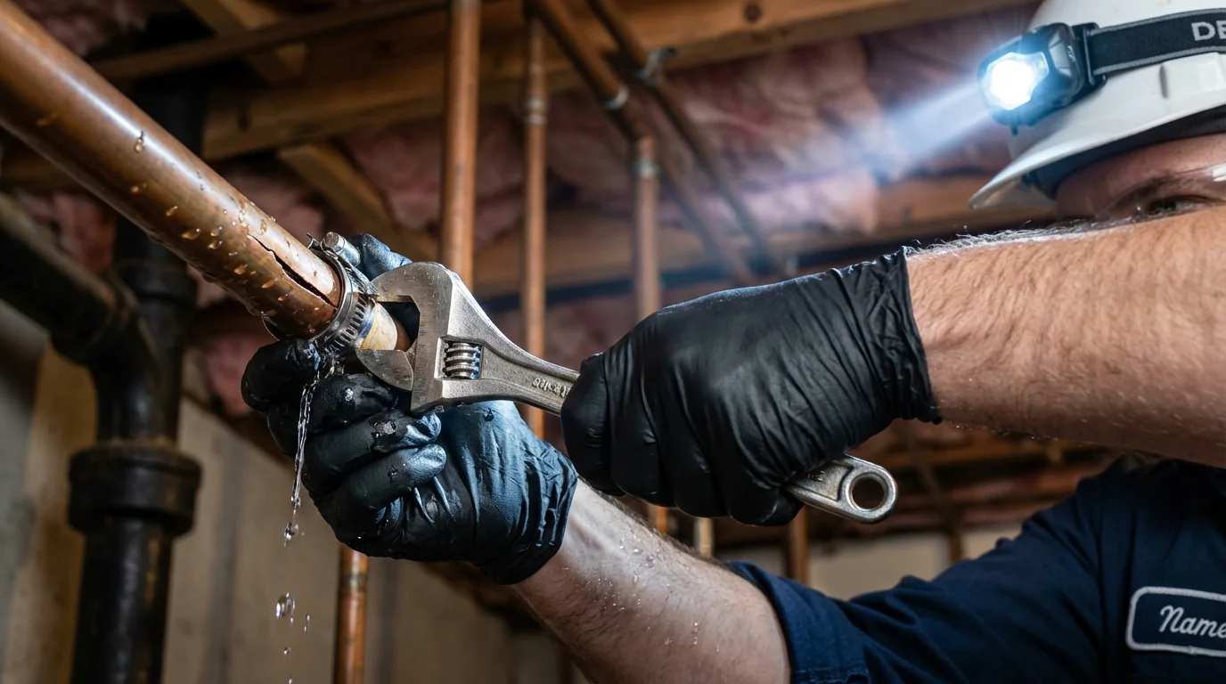 Emergency pipe clamp repair being performed by a Johns Plumbing LLC plumber in Saint Johnsbury