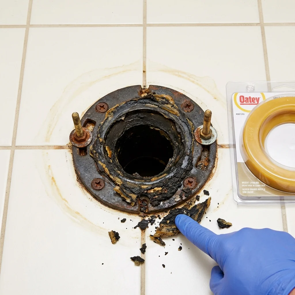 Failed wax ring showing water seepage at the base of a toilet in a Saint Johnsbury, VT home