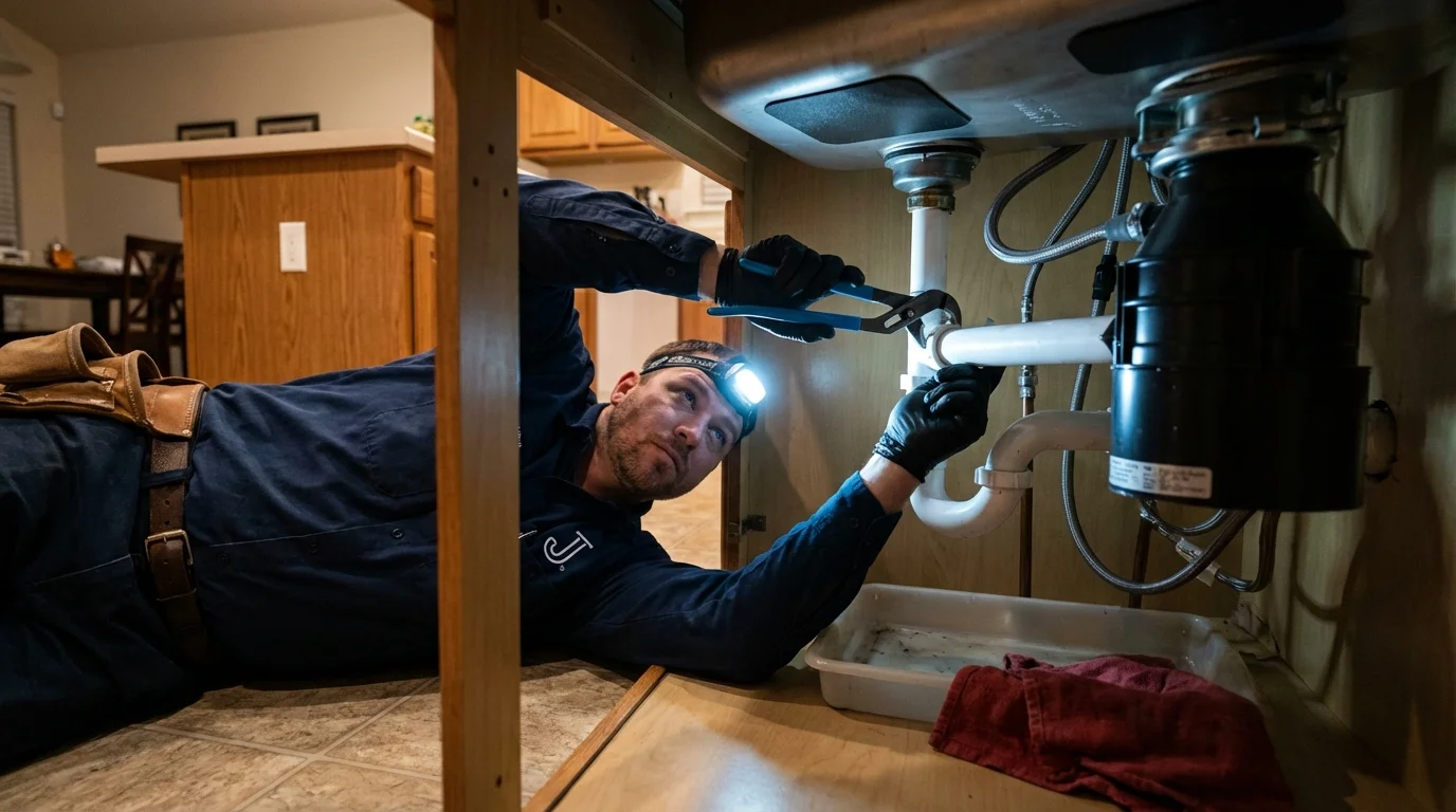 P-trap and supply line connections under a kitchen sink showing a common leak point in Saint Johnsbury, VT